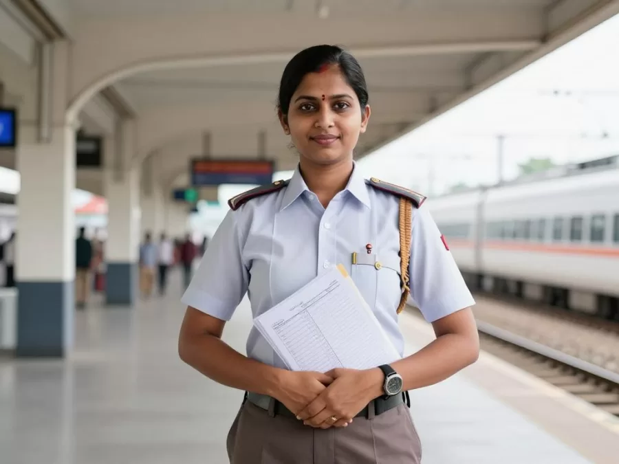 Female railway employee in uniform at station performing official duties