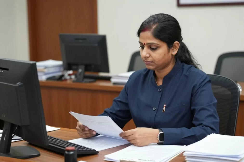 Female state government officer working on administrative tasks at desk
