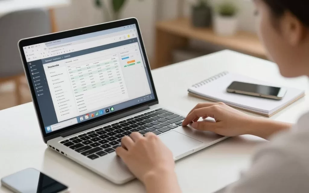 Freelance data entry professional managing multiple client projects and invoices on computer