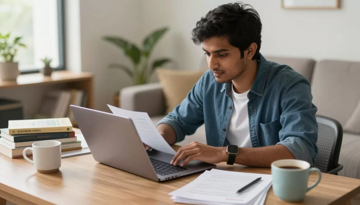 Freelance writer working on laptop with research materials