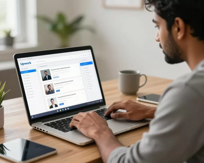 Freelancer at Upwork handling multiple data entry projects on laptop