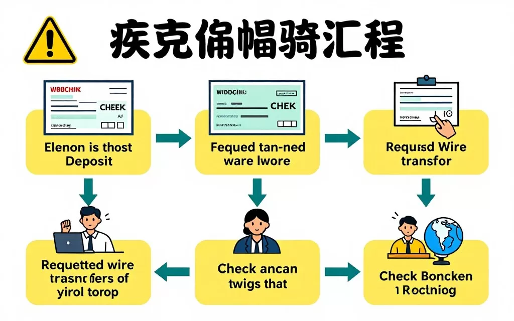 Illustration of check processing fraud scheme showing fake payment and money transfer scam