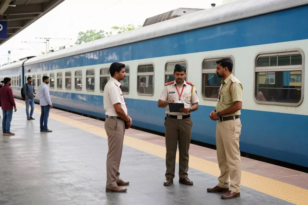 Indian Railways train at platform with railway staff in uniform representing job opportunities