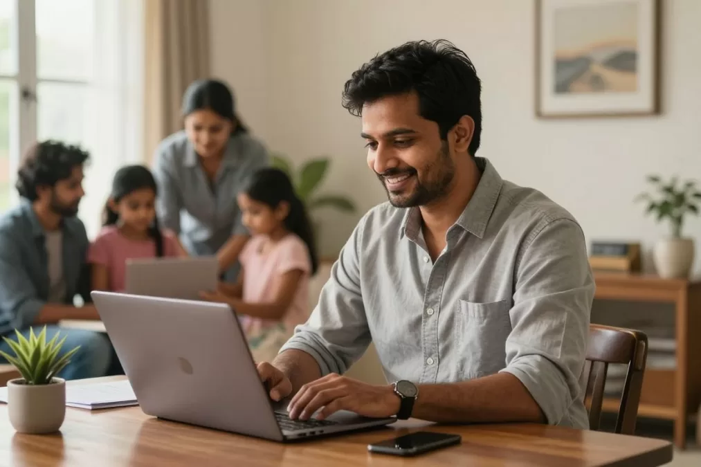 Indian professional balancing work and life, working on laptop at home with family in background Indian professional balancing work and life, working on laptop at home with family in background