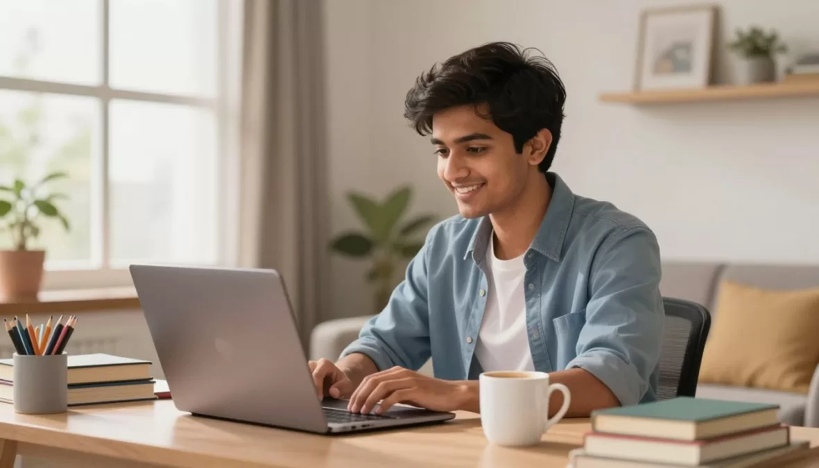 Indian student working from home on laptop with books and coffee