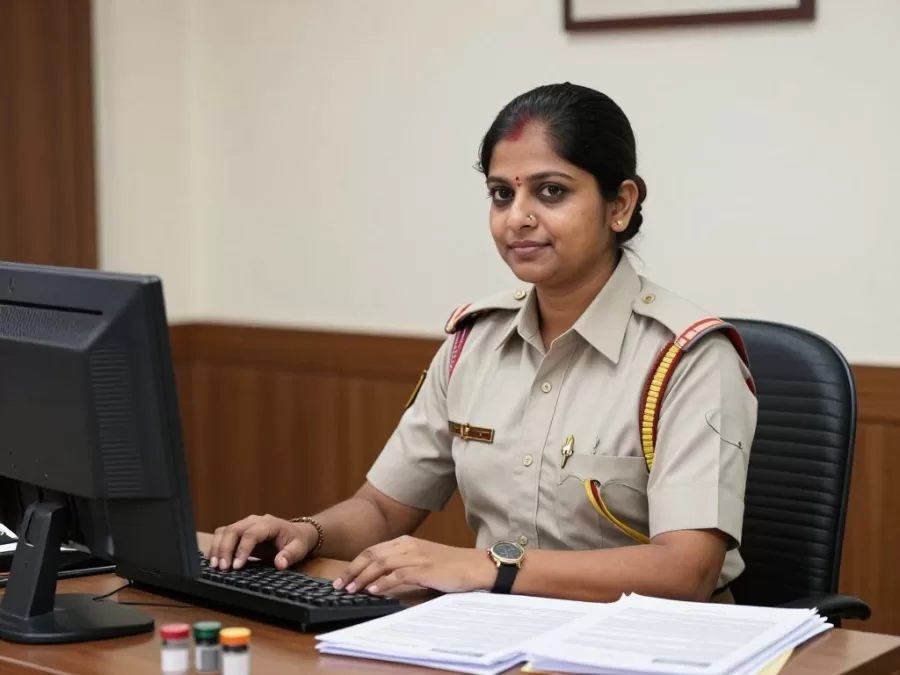 Indian woman government officer working at desk with official documents