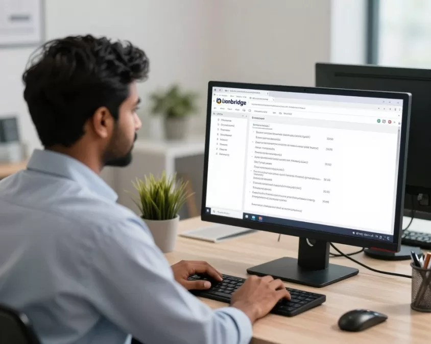 Lionbridge data entry specialist working with multilingual content on computer