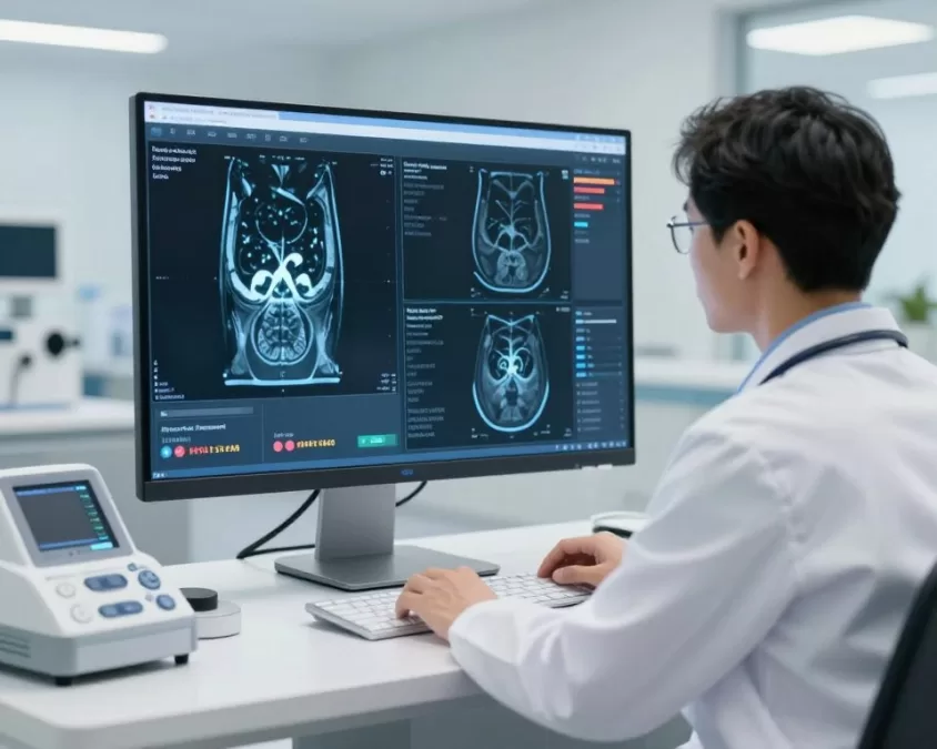 Medical AI applications showing diagnostic imaging and patient data analysis