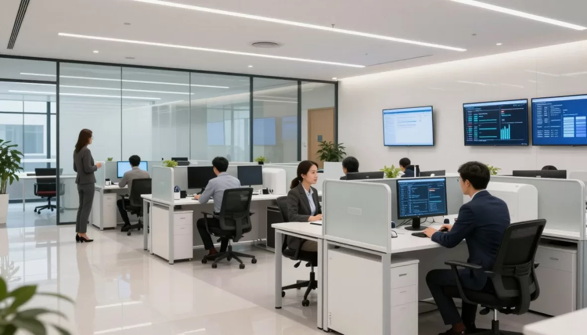 Modern banking office with professionals working Modern banking office with professionals working