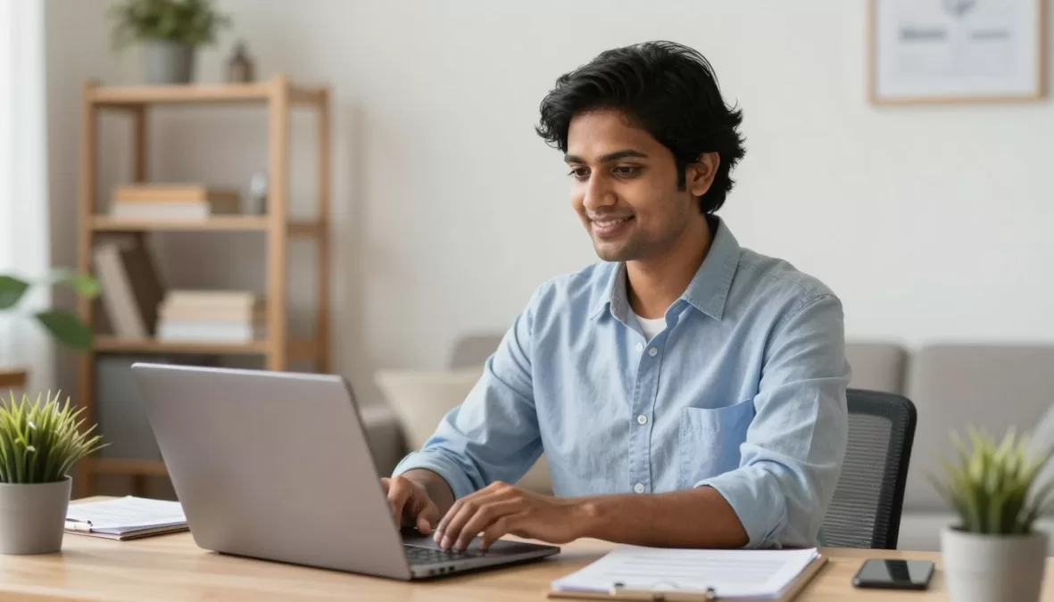 Motivated professional starting successful data entry career from organized home workspace