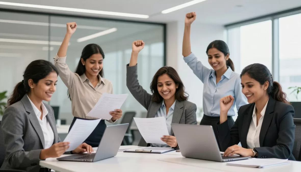 Professional Indian women celebrating government job success in modern office environment