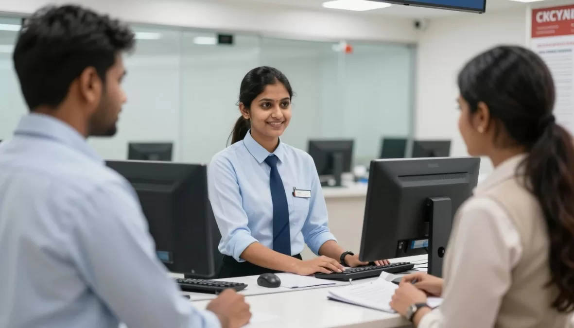 Professional bank clerk assisting customer at counter in modern Indian bank branch Professional bank clerk assisting customer at counter in modern Indian bank branch