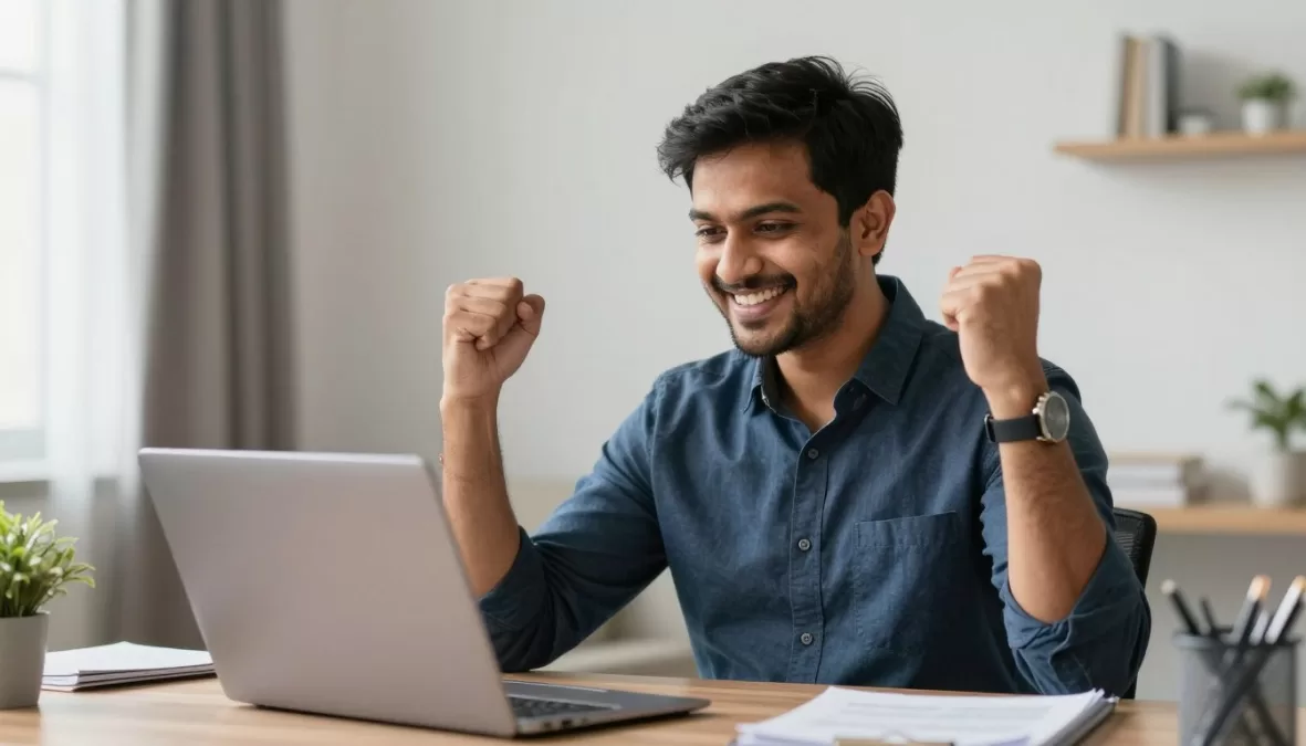 Professional celebrating career advancement from data entry to higher position