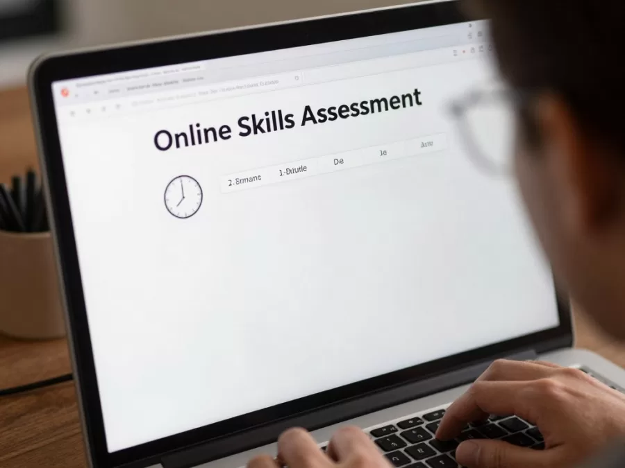 Professional completing online skills assessment test for data entry position