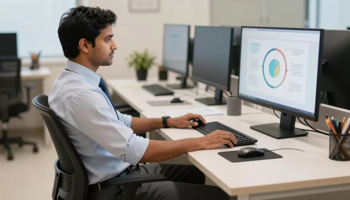 Professional demonstrating proper ergonomic posture for data entry work at home computer