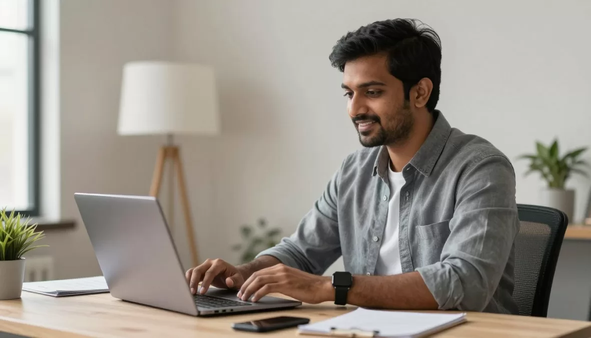 Professional prepared for video interview for data entry job from home office