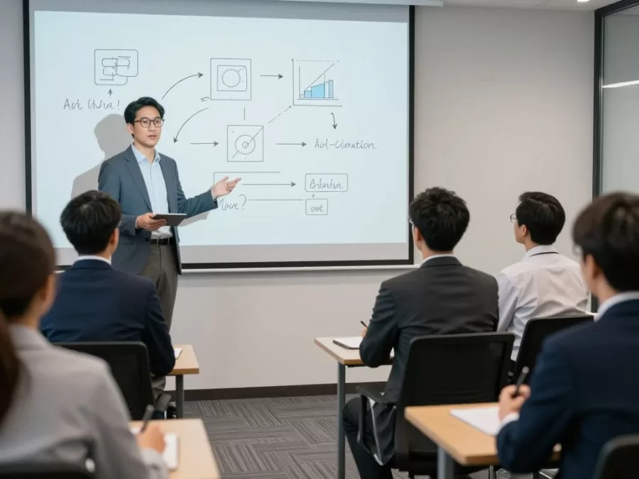 Professional presenting technical AI concepts to diverse business audience