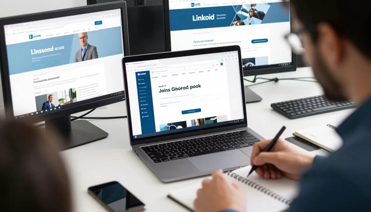 Professional researching company legitimacy on multiple devices and platforms online