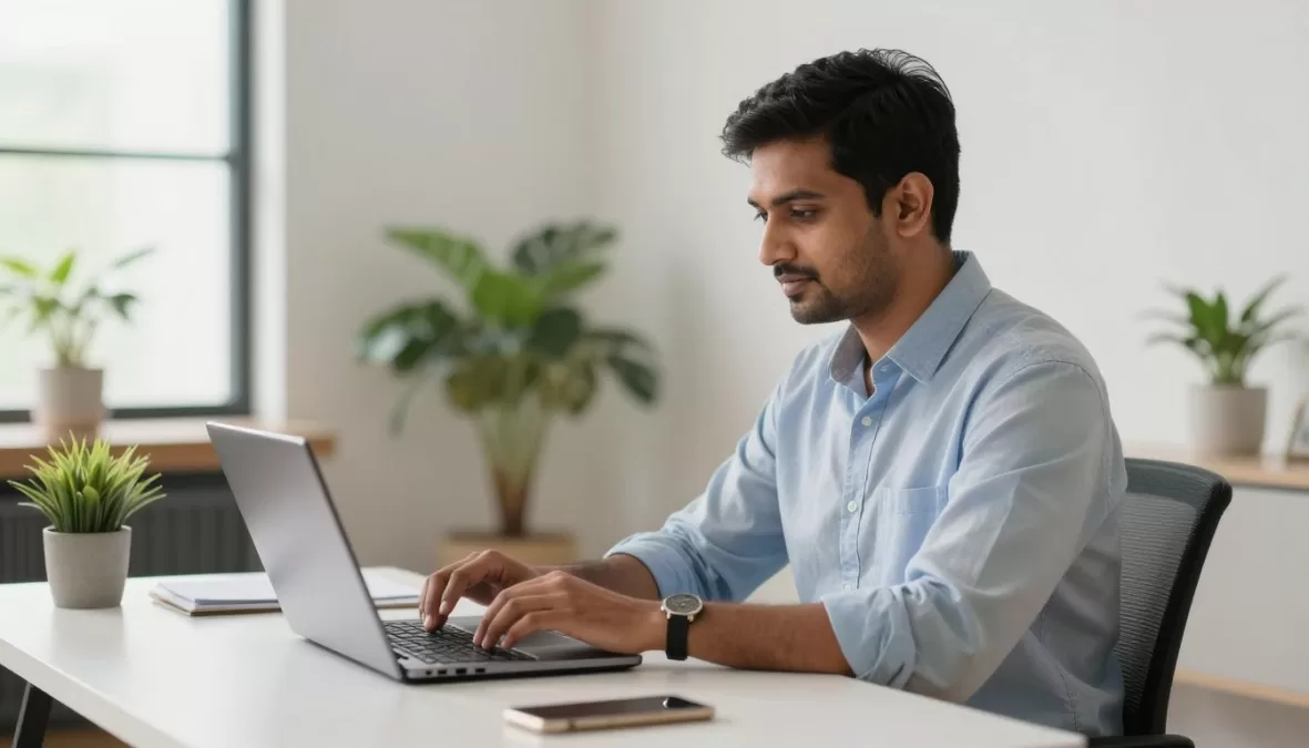 Professional working on data entry jobs from home on laptop with organized workspace