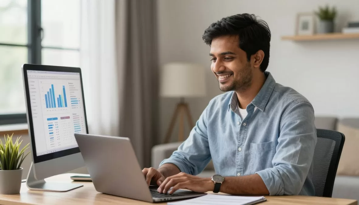 Professional working successfully from home showing achievement in data entry career