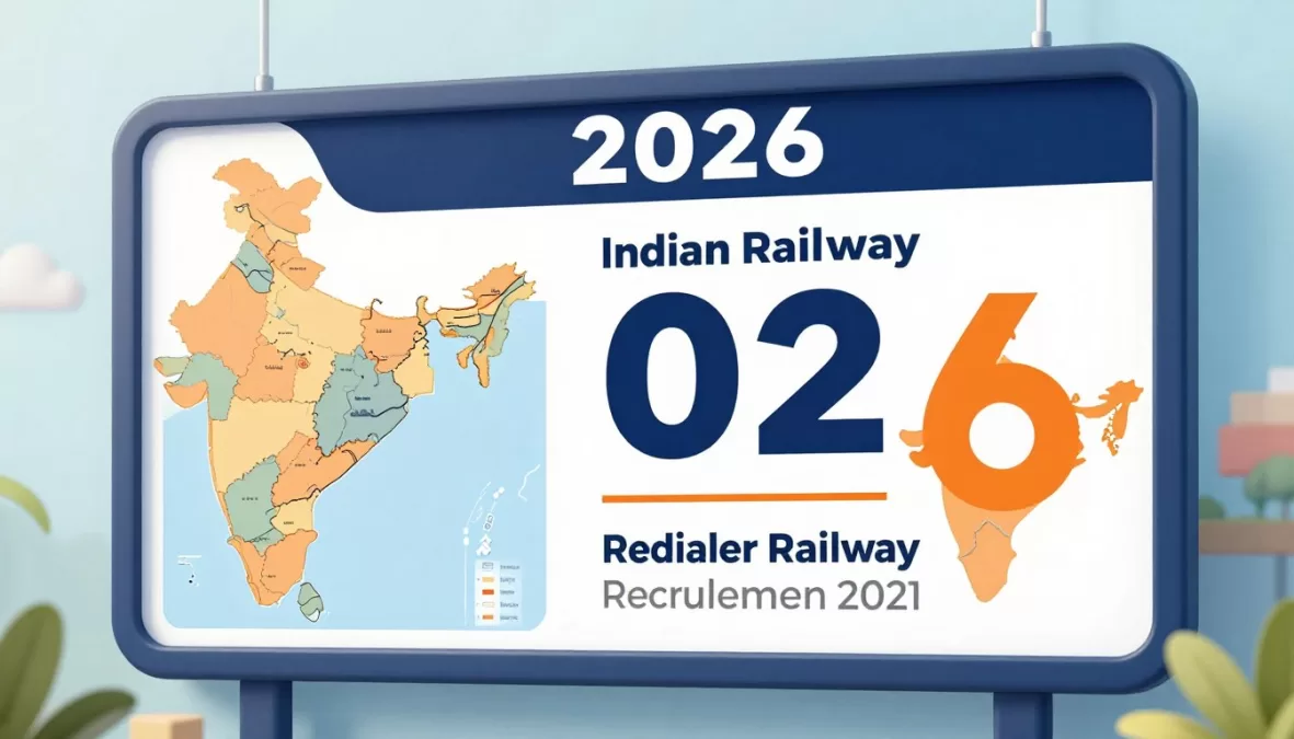 Railway Recruitment 2026 notification board showing upcoming RRB job vacancies across Indian states