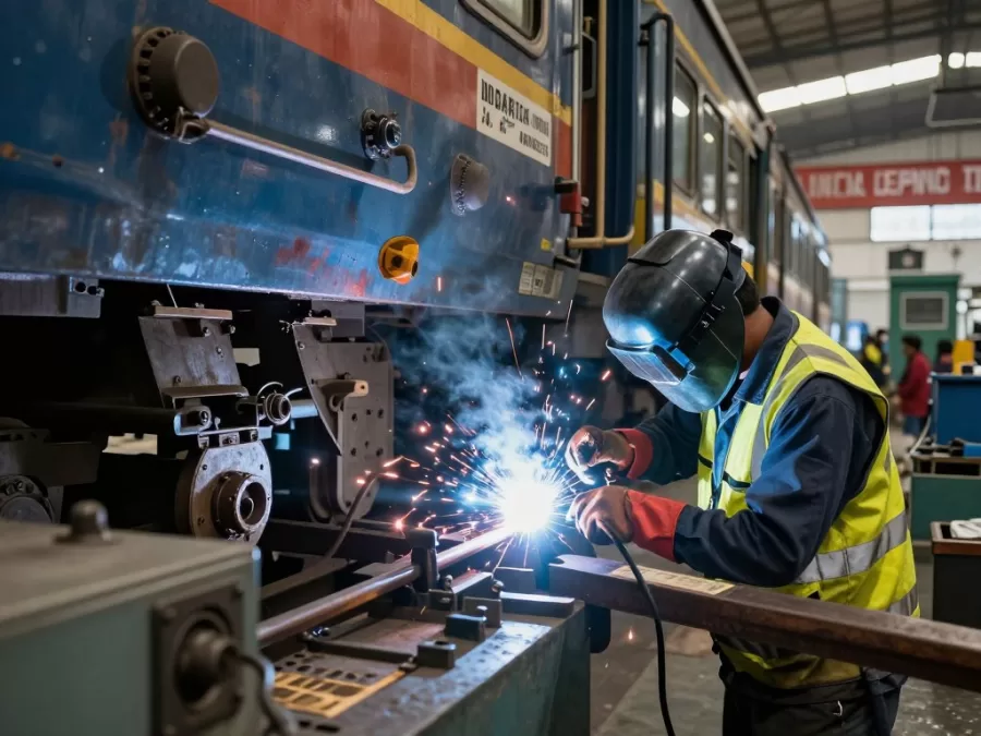 Railway fitter and welder working on coach maintenance