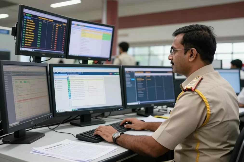 Railway station master managing operations from control room