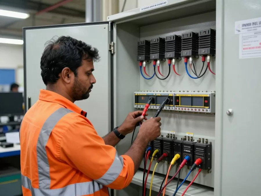 Railway technician performing maintenance work on electrical equipment