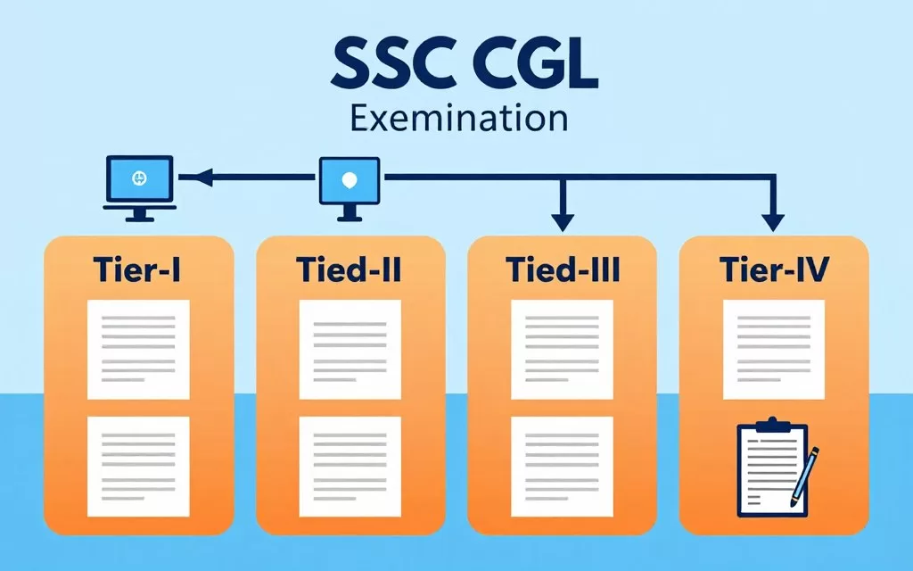 SSC CGL exam structure showing four tiers of examination process