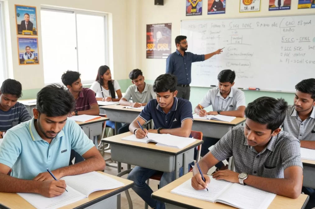 SSC CHSL exam preparation scene with students studying in classroom