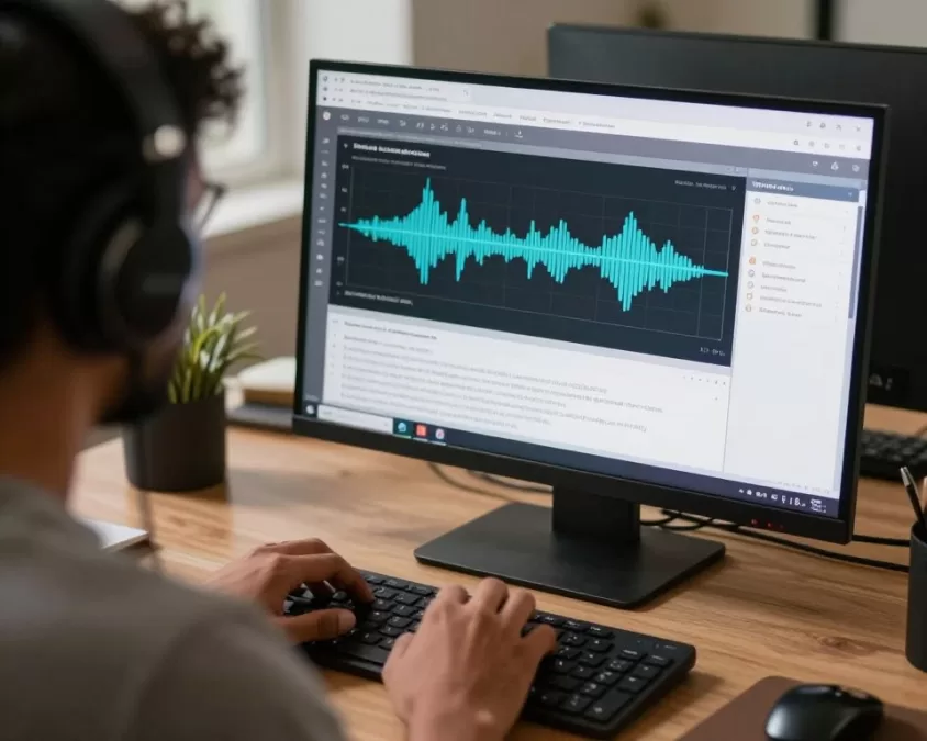 Scribie transcription specialist working on timestamped audio transcription