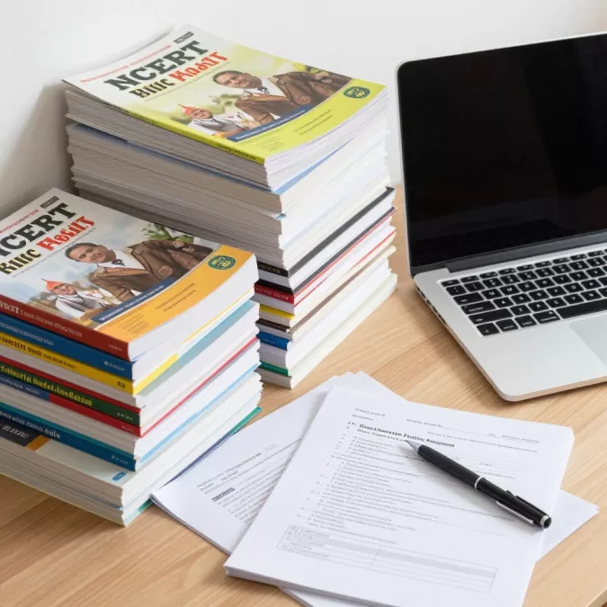 Stack of government exam preparation books and study materials