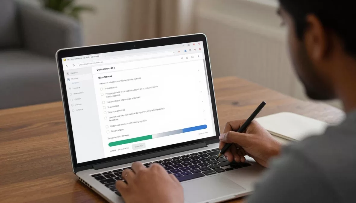 Student completing online surveys on laptop