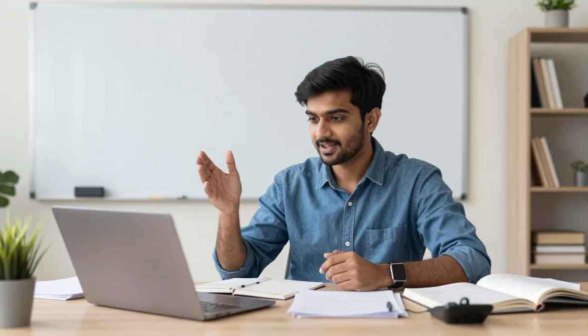 Student conducting online tutoring session via video call
