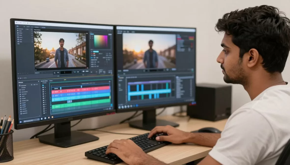 Student editing video on computer