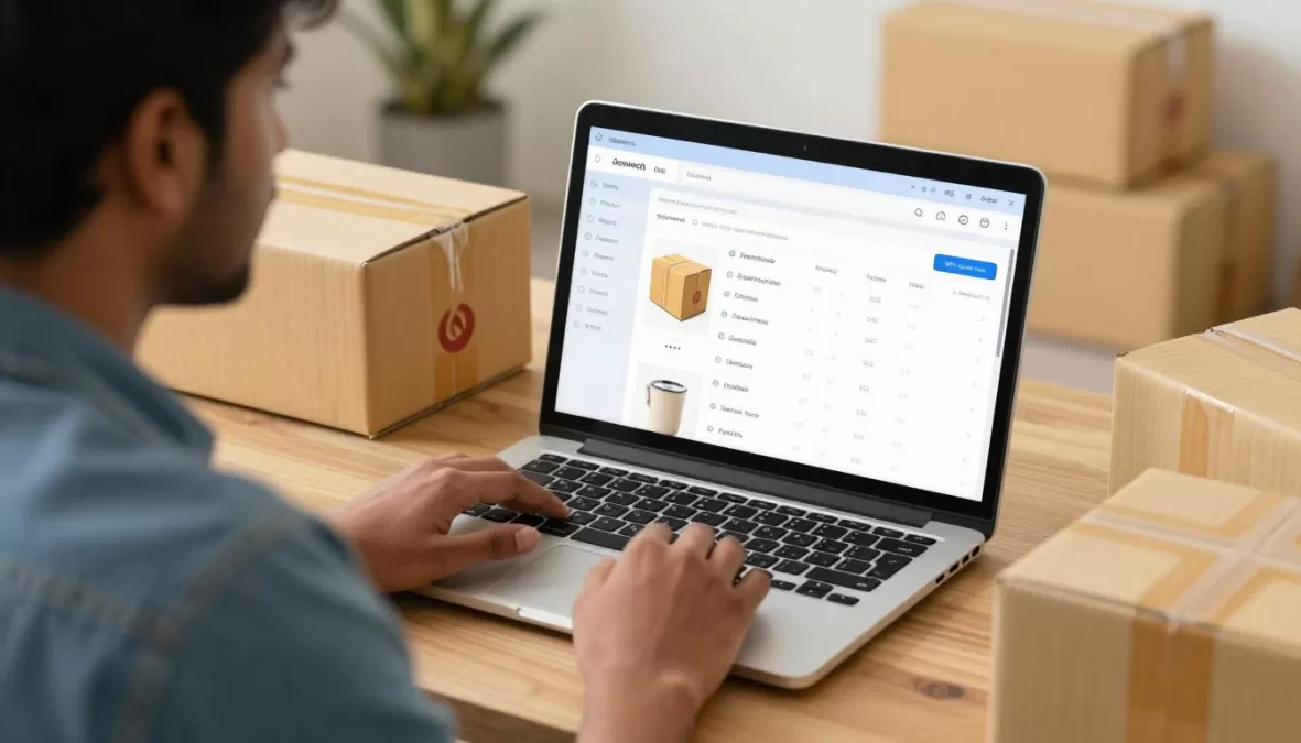 Student managing online store on laptop