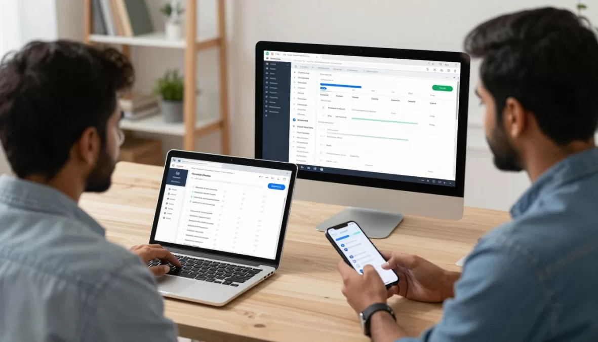 Student managing social media accounts on multiple devices