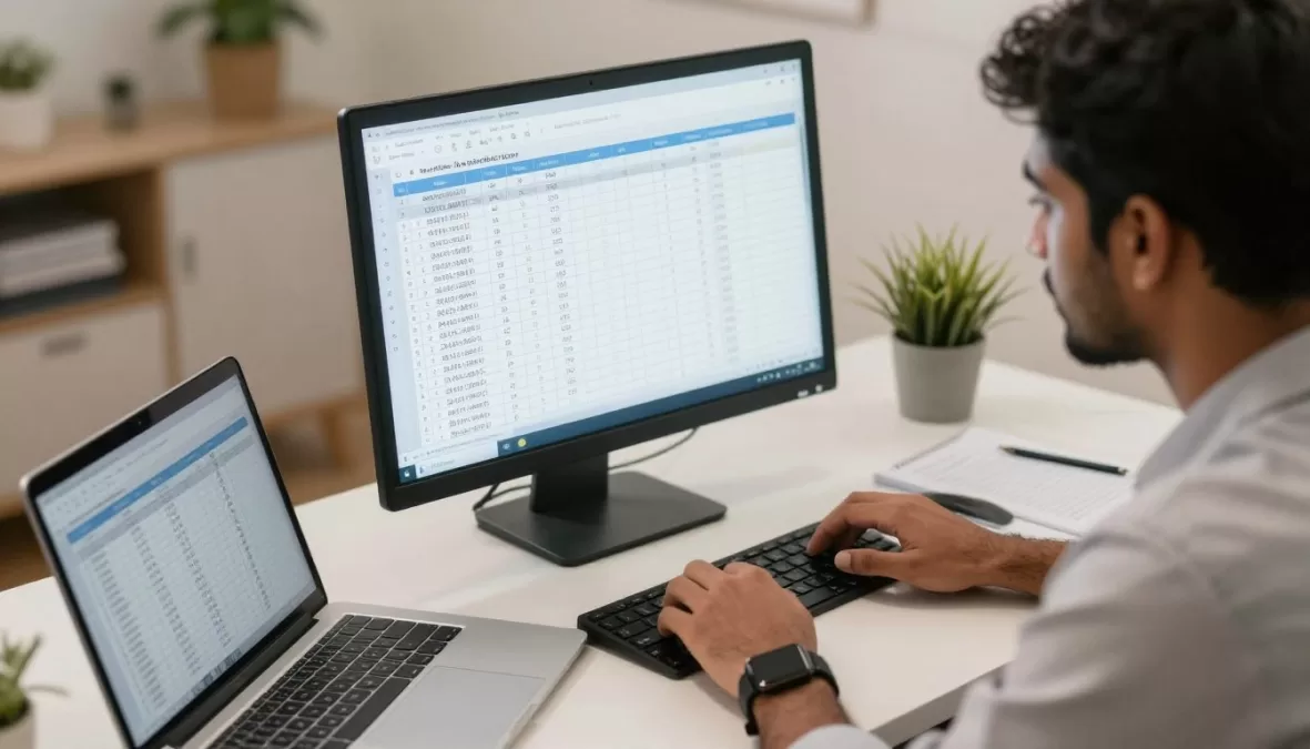 Student performing data entry work on computer