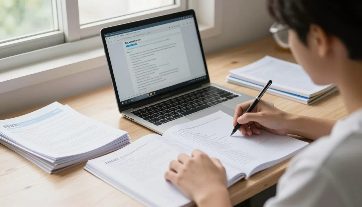 Student preparing for RRB exam with books and computer showing CBT interface