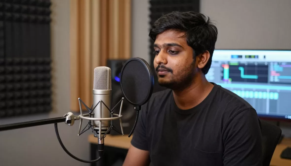 Student recording voice over with microphone