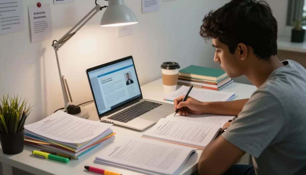 Student studying government exam preparation books with notes and laptop