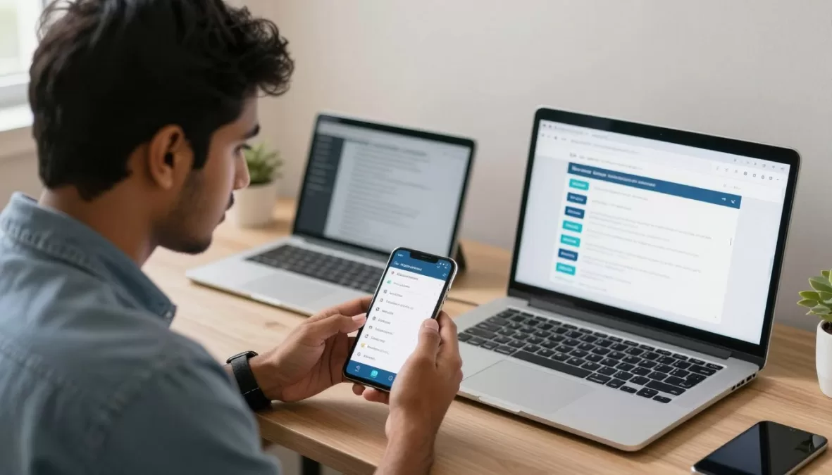 Student testing mobile app on devices