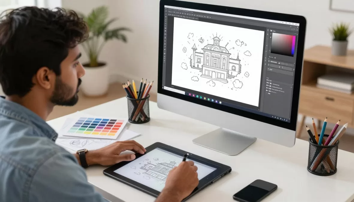 Student working on graphic design project