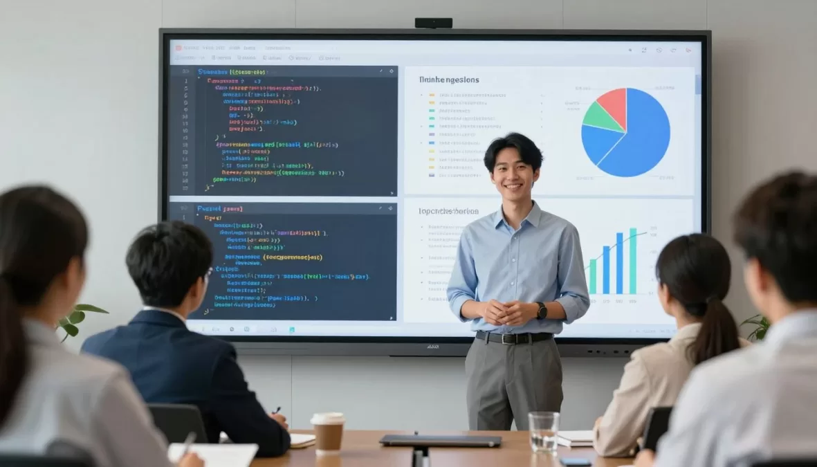 Successful fresh graduate presenting AI project to potential employers