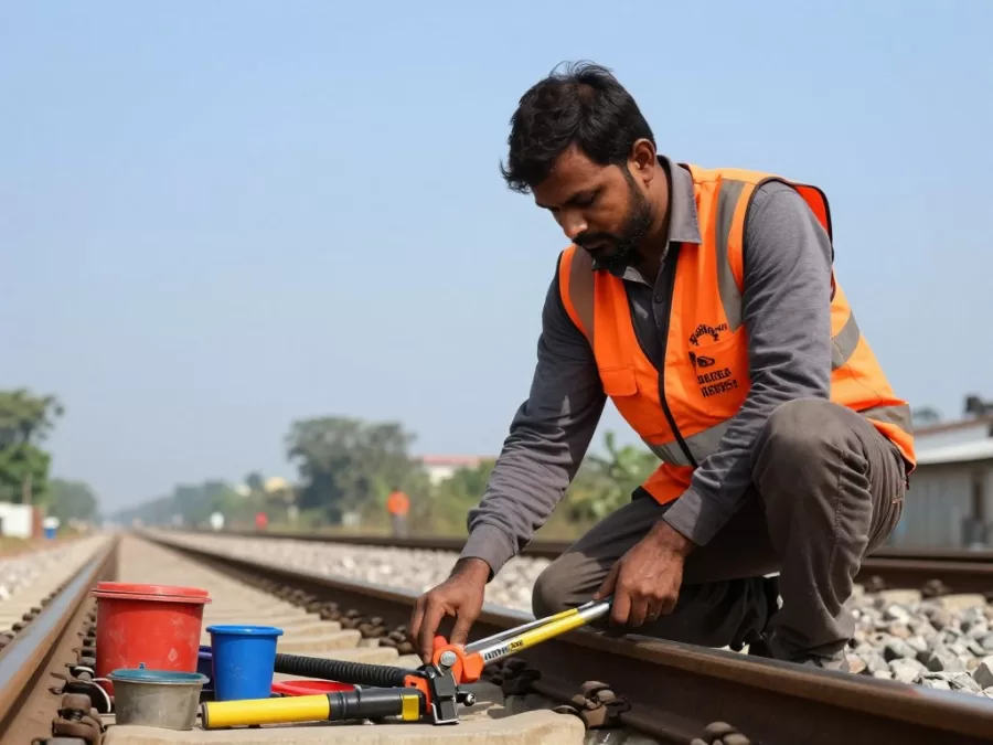 Track maintainer inspecting railway tracks with maintenance equipment Track maintainer inspecting railway tracks with maintenance equipment