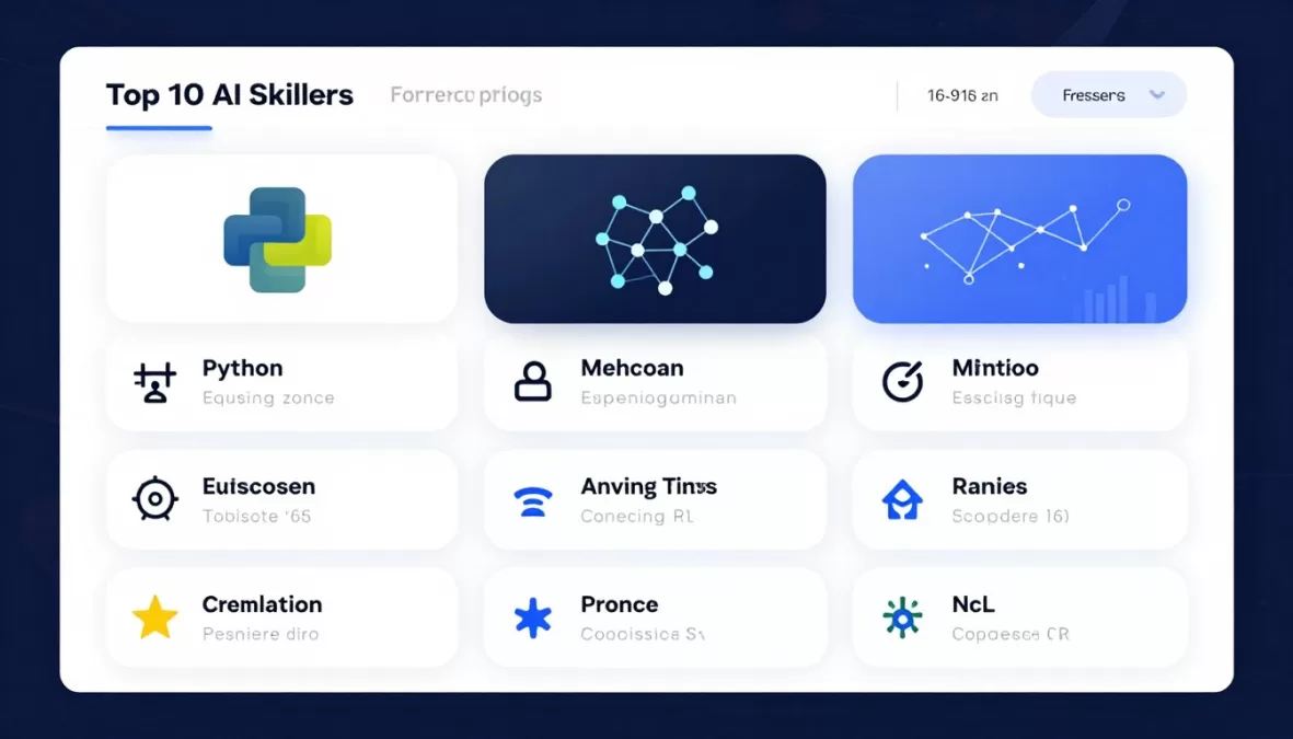 Visual representation of top AI skills arranged in a modern dashboard layout with icons