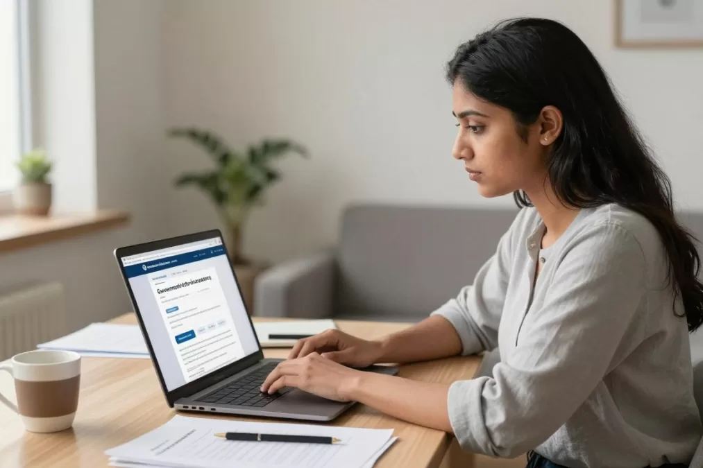 Woman checking government job notifications on laptop