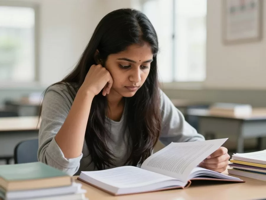 Woman preparing for Anganwadi exam with books