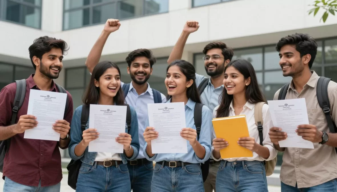 Young Indian students celebrating government job success after 12th pass with certificates and books