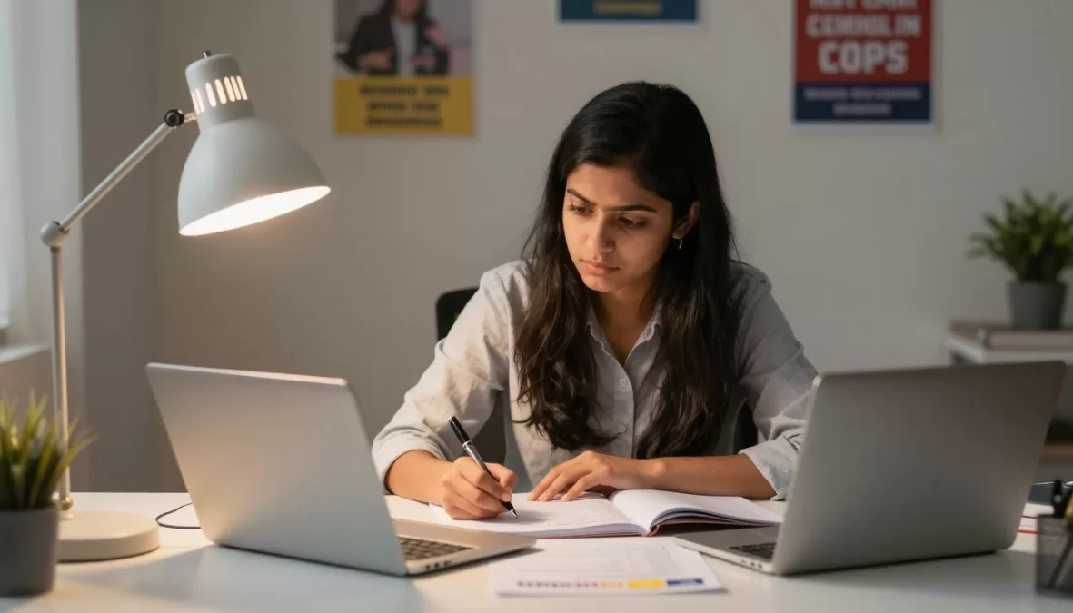 Young Indian woman studying government exam preparation materials at organized desk